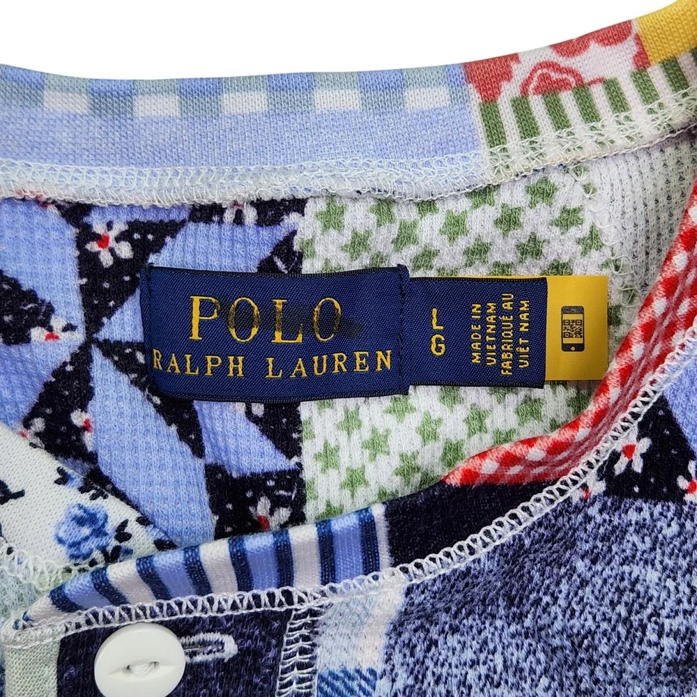 Polo Ralph Lauren Patchwork Quilt Print Waffle‎ Knit Maxi Dress Blue L RARE New - Picture 6 of 15